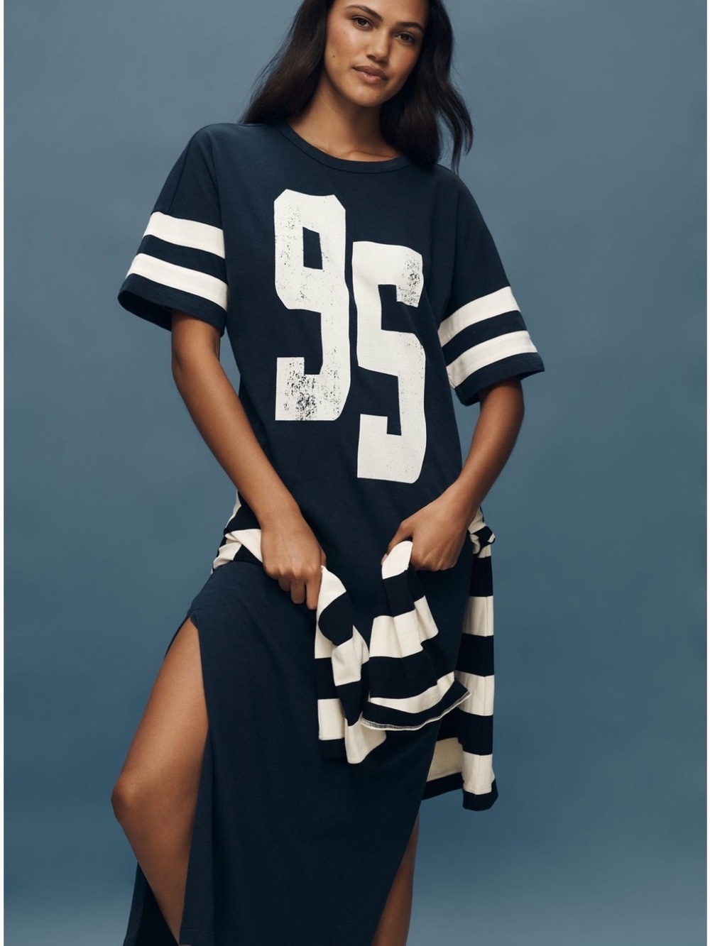 NWT Daily Practice by Anthropologie Navy Graphic '95' Maxi Tee Dress with White